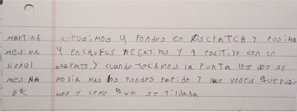 Hoja de estudiante donde explica qué hizo con Scratch y makemake "Pusimos 4 fondos en Scratch y pusimos 4 enchufes negativos y 1 positivo con un aparato. Y cuando tocamos la punta los dos se movían más los fondos rápido y las voces que pusimos y como que se tildaba"