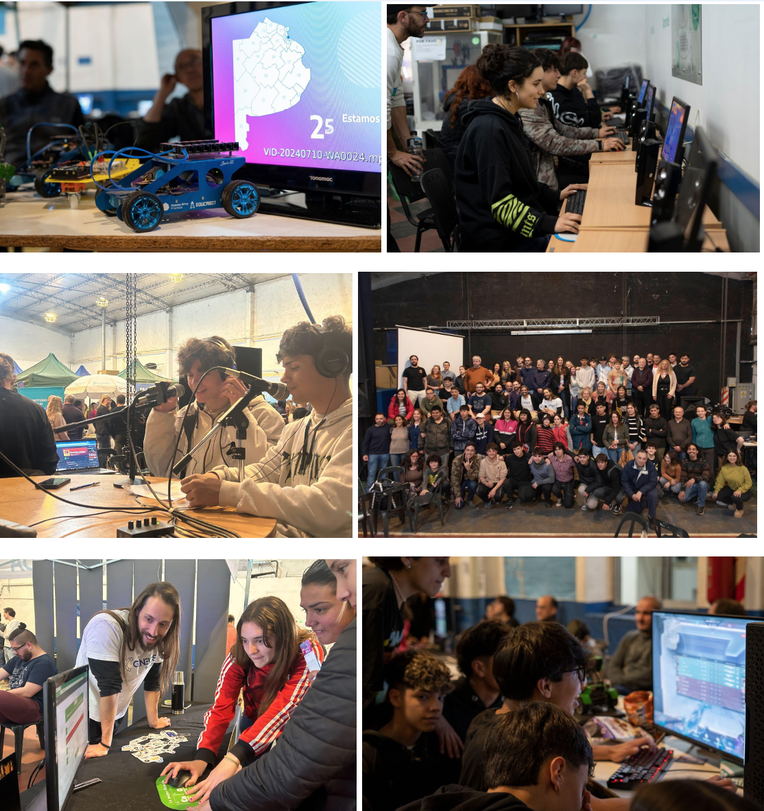 Fotografía de estudiantes y docentes. En algunas fotos se visualizan interactuando con computadoras.. En otra estan hablando junto a micrófonos, como un programa de radio.En otra hay un auto robotizado. Y en otra estan una foto general de todos los participantes del evento