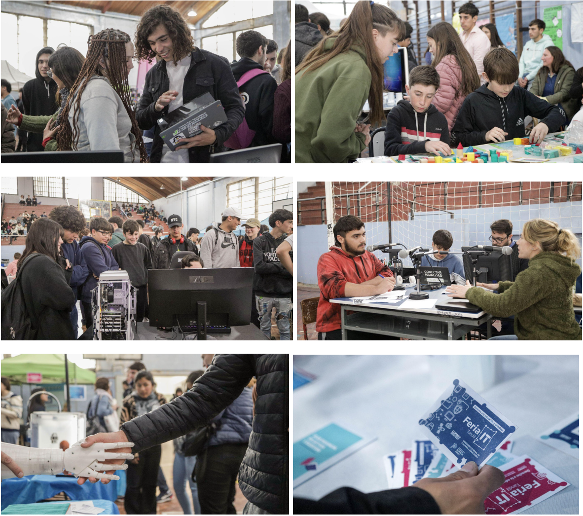 Fotografía de estudiantes y docentes. En algunas fotos se vusualizan interactuando con computadoras, herramientas de robótica, piezas de encastre. En otra estan hablando junto a micrófonos, como un programa de radio. En otra se muestra una mano agarrando un folleto de Feria IT