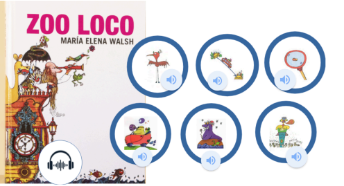 Imagen de la propuesta interactiva. A la izquierda aparece la tapa del libro Zoo Loco y a la derecha 6 botones con 6 personajes del libro. 