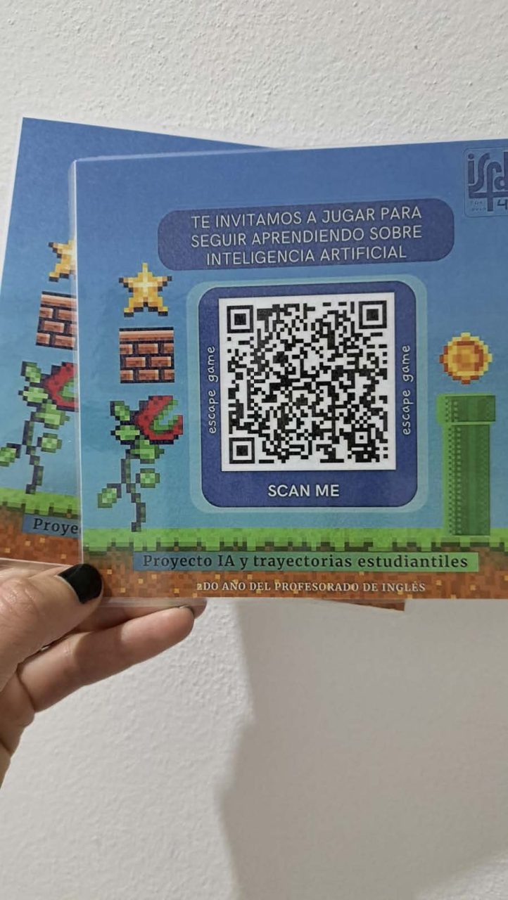 Tarjeta con un QR para ingresar al juego. "Te invitamos a jugar para seguir aprendiendo sobre Inteligencia Artificial"