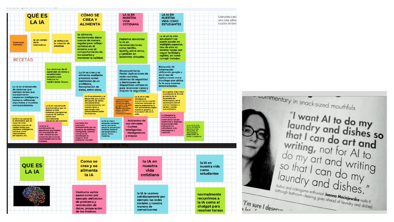 Imagen de la pizzara digital, con papelitos, con premisas sobre Qué es la IA.
Segunda imagen que se ve una frase en inglés "I want AI to do my loundry and dishes so that I can do art an writing, not for AI to do my art and writing so that I can do my laundry and dishes"