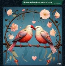 Imagen realizada con IA. Dos pájaros unidos por sus picos, los rodean flores y un maco con ramas