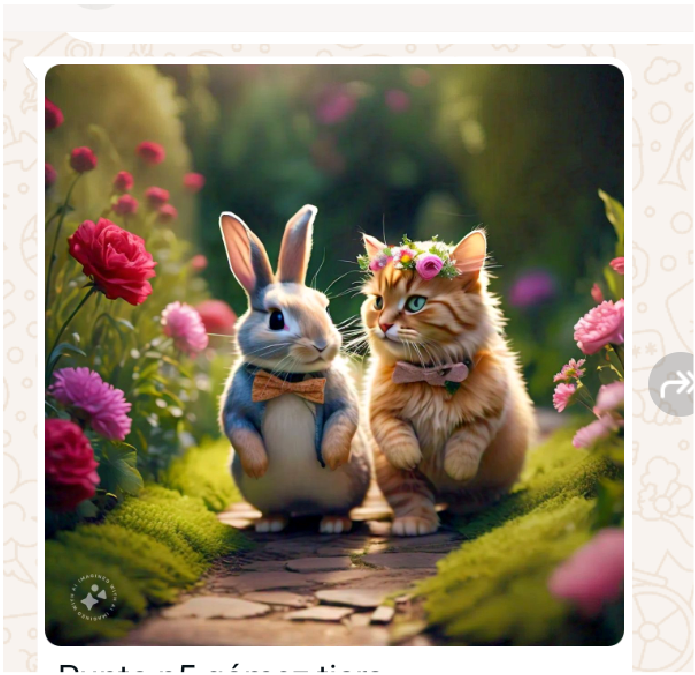 Imagen realizada con IA. Un gato y un conejo caminando por un camino de piedras y alrededor flores y pasto