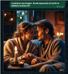 Texto con el pedido "mostrame una imagen donde representa el cariño, la lealtad y la atracción". Respuesta de una Imagen realizada con IA, una pareja de un hombre y una mujer de la mano, con las caras cercas y junto a una vela