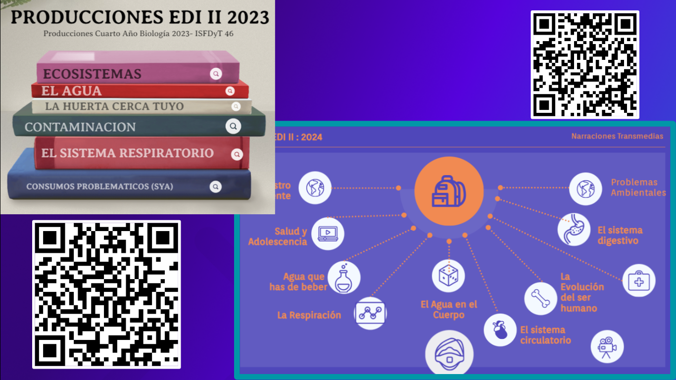 Imagen en el que se visualizan dos códigos qr que llevan a la "Muestra de los trabajos de los estudiantes año 2024" y a "Muestra de los trabajos de los estudiantes año 2023" Junto a estos código se visualizan dos capturas de pantallas de estos sitios. 