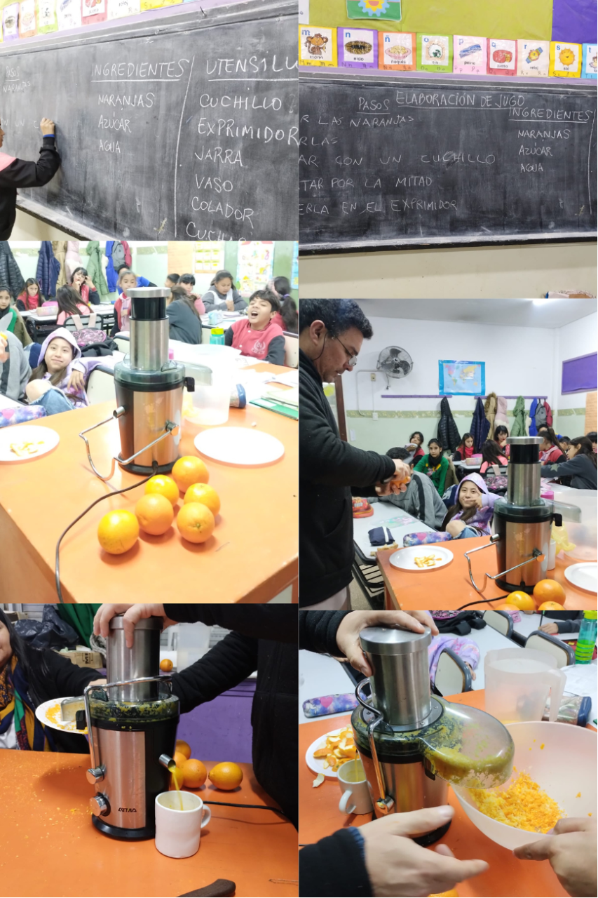 Fotografías de una clase experimentando con la realización de jugo de naranja. Se observa un pizzarrón, docente explicando y demostrando con una juguera y naranjas y estudiantes prestando atención
