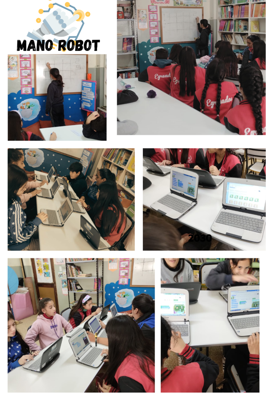 Estudiantes y una docente, trabajando con computadoras y un pizzarrón. 